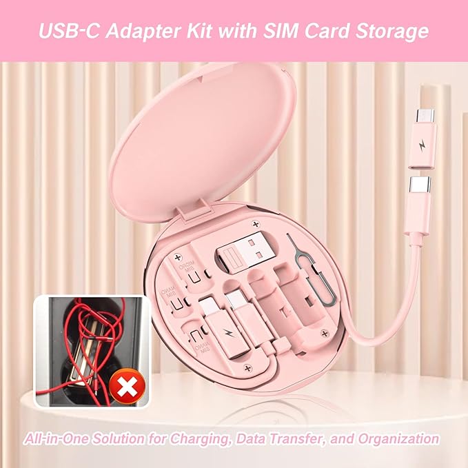 9 in 1 Cable Case USB Adapter Cable Conversion Storage Box USB Type C to Micro USB/Lightning/USB A Cable Data Transfer Tool Contains Sim Card Slot Tray Eject Pin Use as Phone Holder (Pink)