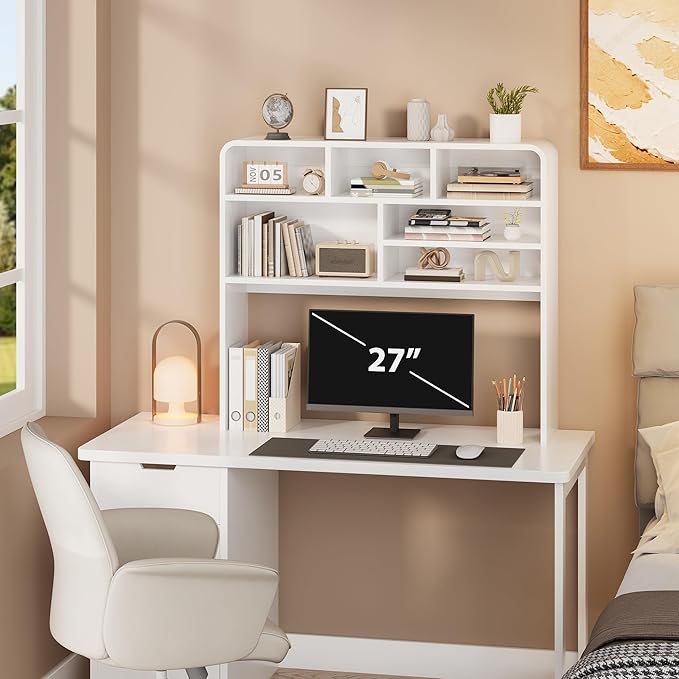 5-Tier Desk Shelf, 37.4''W Desktop Bookshelf for Computer Monitor, Desktop Organizer Shelf Storage Rack with 6 Cubbies, 5-Level Desk Hutch Display Rack for Home, Office, Dorm, Vanity, White