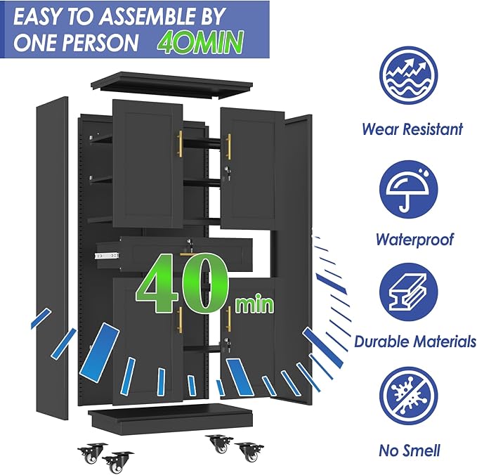 61" Metal Garage Storage Cabinet with Wheels and Locking Doors and Tall Rolling Steel Tool Cabinet with 5 Adjustable Shelves for Garage,Home,Office,Shop (Black, 71" H x 35.43W x 15.74" D)