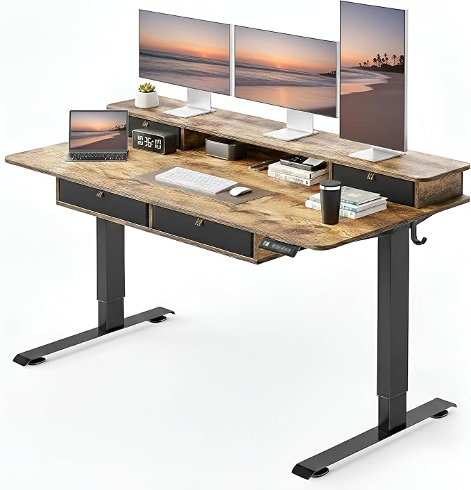 CubiCubi 60" x 30" Standing Desk with Drawers, Height Adjustable Electric Workstation, Computer Sit Stand Up Table with Large Storage Shelf 4 Drawers and 2 Hooks, Rustic Brown