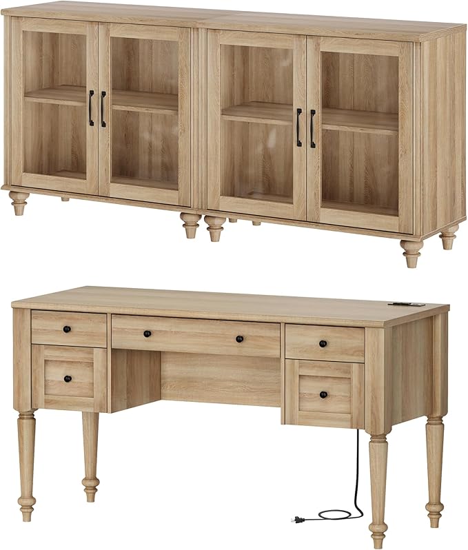 WAMPAT Home Office Furniture Set, 56'' Executive Desk with Charging Station, 2-in-1 Cabinet with Glass Doors, Wood Computer Desk with File Cabinet Storage, Open Shelf, Oak