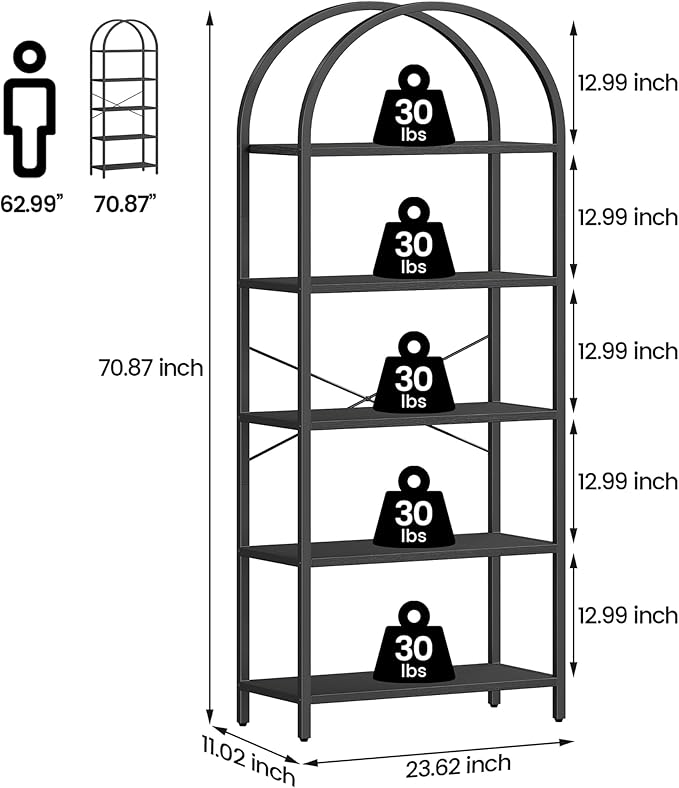 IDEALHOUSE Bookshelf 5 Tier Bookcase Arched Display Racks Tall Standing Bookshelves Metal Frame Modern Storage Rack Shelf Large Wood Book Shelf for Bedroom, Living Room, Home Office (Black)