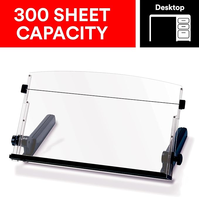 3M Adjustable Document Copy Holder, In-line with Monitor Minimizing Head and Neck Movement, 300 Sheet Capacity Holds Sheets to Books, Elastic Line Guide Keeps Pages Open, 18" Wide, Black (DH640)