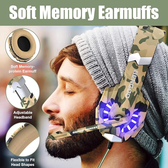 BENGOO Stereo Gaming Headset for PS4, PC, Xbox One Controller, Noise Cancelling Over Ear Headphones Mic, LED Light, Bass Surround, Soft Memory Earmuffs for Sega Genesis Gamecube PS5 –Camouflage
