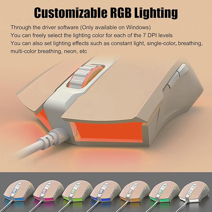 Lomiluskr AJ52 RGB Wired Gaming Mouse, 7 Programmable Buttons, Computer Mice with RGB Lighting, 200-4800 DPI Adjustable, for Windows/Mac OS/Linux (MilkTea)