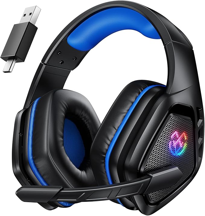 Tatybo Wireless Gaming Headset for PC, Ps5, Ps4, 2.4 Ghz USB & Type-C Gaming Headphones with Microphone, 30H Battery Bluetooth Headphones for Switch, Laptop, Mobile, Mac (Black Blue)