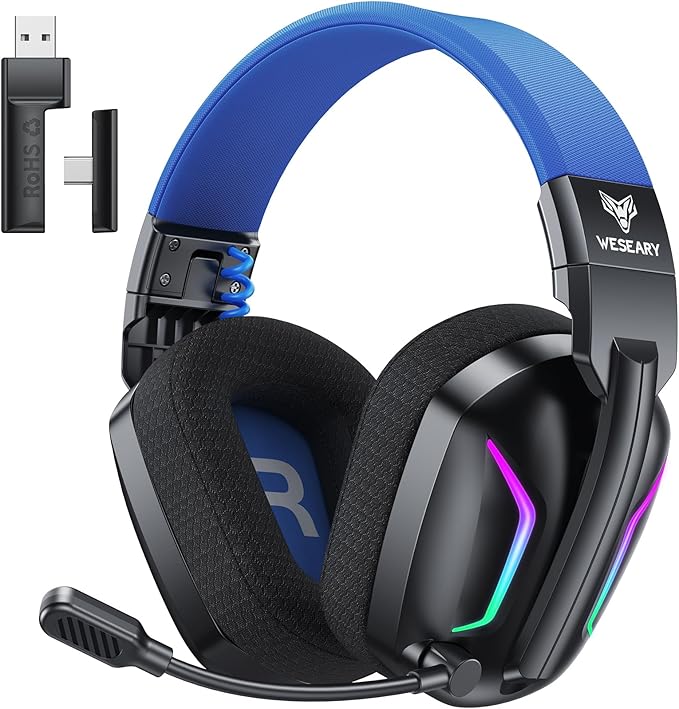WESEARY Wireless Gaming Headset for PC, Laptop, Mac & Switch, Dual Low-Latency 2.4GHz USB/Type-C, Bluetooth Gaming Headphones with ENC Mic for Cube Accessories, 3D Stereo,Colorful Light, 50H Power