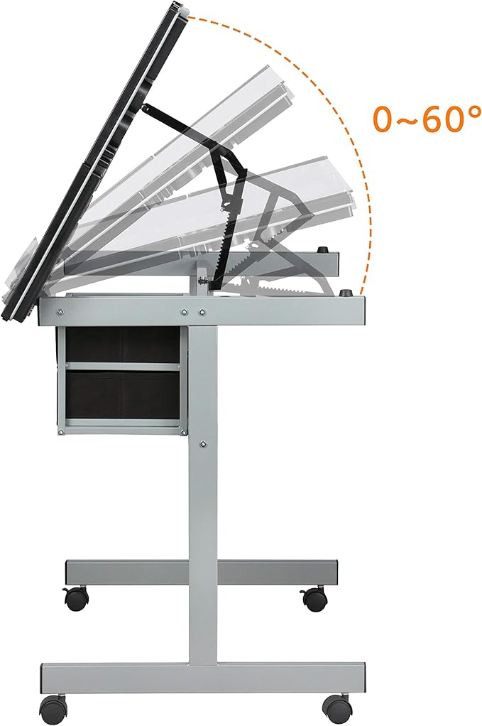 Topeakmart Glass Drafting Table Rolling Drawing Desk Artists Art Craft Desk w/2 Slide Drawers and Wheels for Home Office School