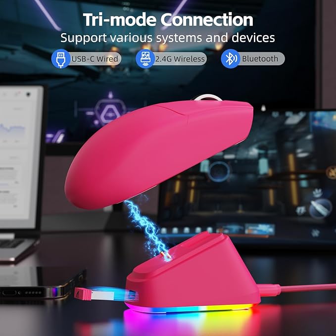 ATTACK SHARK G3PRO Wireless Gaming Mouse with RGB Charging Dock,2.4G/USB-C Wired/BT PAW3311 Optical Sensor 1K Polling Rate Adjustable 25K DPI,500mAh Battery Ultra Lightweight 59g Mice(Red)