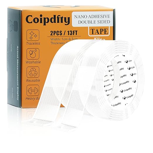 Double Sided Tape Heavy Duty for Wall Decor No Damage to Paint,Clear Removable Mounting Tape,Nano Two Sided Adhesive Tape,Picture Hanging Strips for Posters, 2Rolls(1.18inx6.5FT+0.39inx6.5FT)-Grid