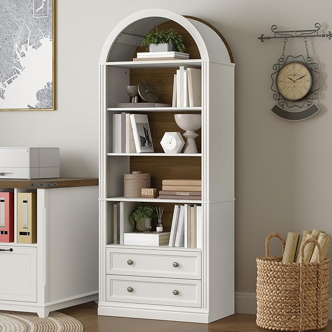 RALGEND Farmhouse Arched Bookshelf, 7 Tiers Arch Bookcase with 2 Spacious Drawers, Modern Book Shelf with Open Display Shelves and Storage Cabinet, for Office, Living Room, Kitchen, Walnut and White