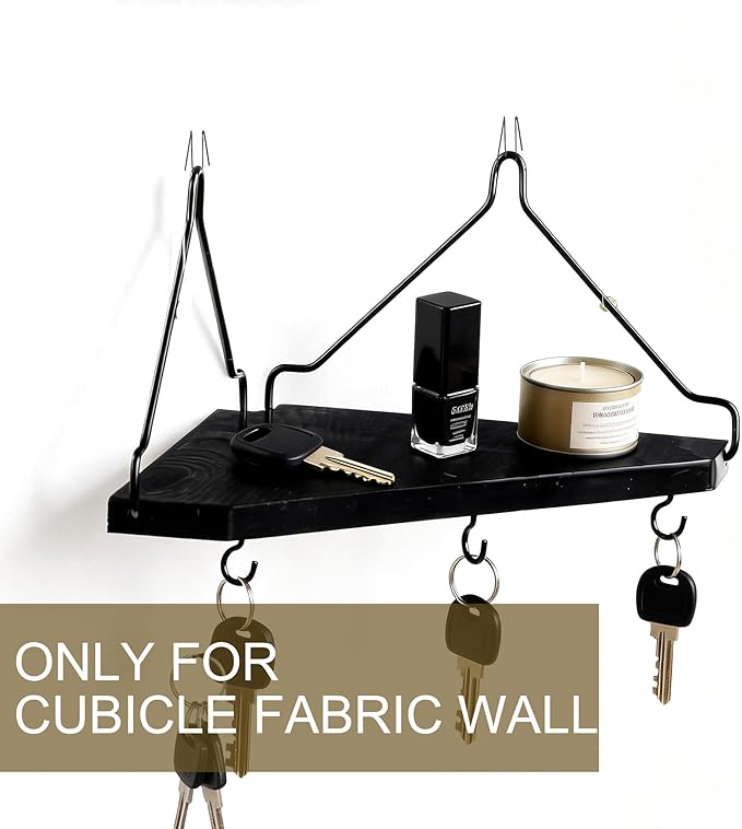 Black Cubicle Corner Shelf with Hooks for Fabric Walls, 2 Pack 12'' Wooden Office Cubicle Accessories for Work, Floating Wall Shelf for Decor