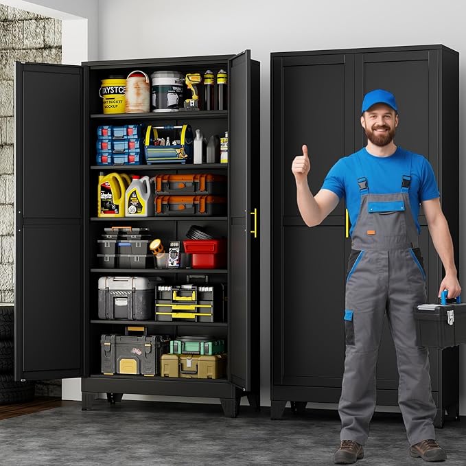 75" Metal Storage Cabinet with Adjustable Leveling Foot,Garage Storage Cabinets with 2 Doors and 5 Adjustable Shelves, Black Steel Cabinet for Office,Home,Garage (Widen)