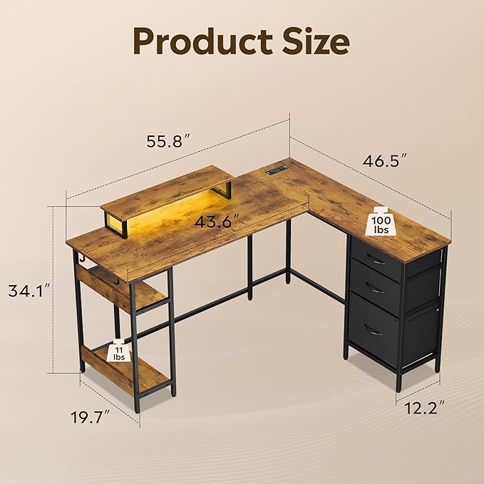 DEVAISE L Shaped Desk with Drawers and Storage, L Shaped Office Desk with Power Outlets, CPU Stand, Monitor Stand, Gaming Table with LED, Corner Desk for Home Office (Rustic Brown, 55 * 46 Inch)