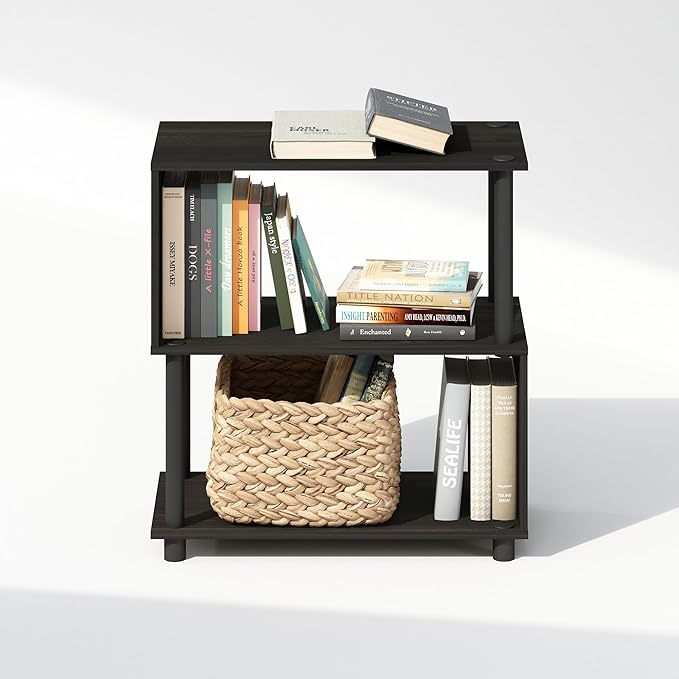 Furinno Reed Book Shelf, 3-Tier Bookshelf with Open Shelf, Geometric Bookcase with S-Shaped Frame, 11.8 x 23.6 x 25.4, for Living Room, Bedroom, Home Office, Espresso