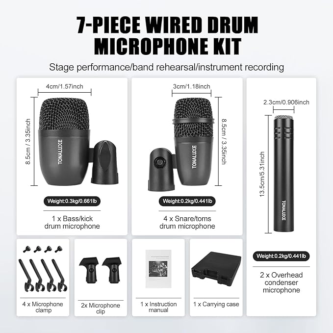 Drum Mic Kit, 7-Piece Wired Dynamic Drum Microphone Set with Carry Case,Thread Clip & Mics Holder, Full Metal Bass/Tom/Snare/Hi-hat Cymbals Mics for Instrument Recording & Music Production