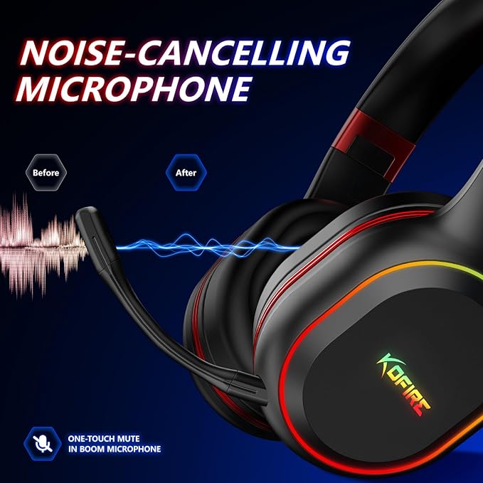 KOFIRE 2.4GHz/Wireless Gaming Headset, Bluetooth Gaming Headset for Nintendo Switch, PC, PS5, PS4, Vibration Feedback Over Ear Headphones with Noise Cancelling Mic, LED Light - Black