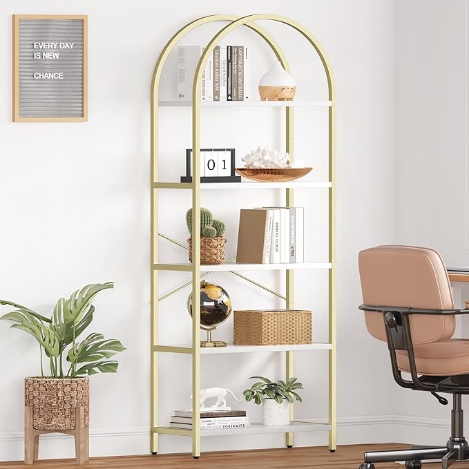 IDEALHOUSE Bookshelf 5 Tier Bookcase Arched Display Racks Tall Standing Bookshelves Metal Frame Modern Storage Rack Shelf Large Wood Book Shelf for Bedroom, Living Room, Home Office, White/Gold