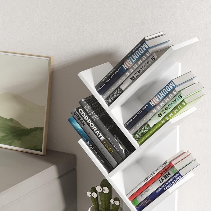 SHEEPAM 5 Tier Tree Book Shelf, Small Desktop Bookshelf with Storage Organizer, Wood Bookcase, Desk Display Bookshelves, Floor Standing Organizer Bookcases for Living Room,Bedroom,Office-White