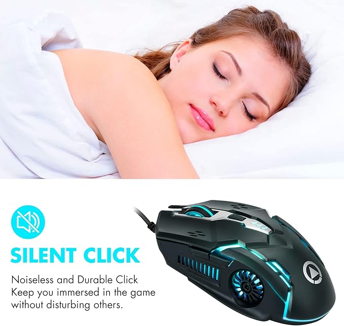 CHONCHOW Silent Click Mouse, Gaming Mouse Wired, 6 Button,4 DPI Upto 3200 DPI, RGB Lights, Compatibility for PC/Laptop/Mac, Wired Mouse Used for Games and Office (Black(Silent Click))