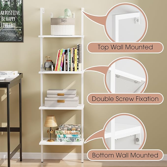 Wolawu Ladder Shelf 4 Tiers Metal Industrial Bookshelf,White Wooden Tall Open Storage Rack and Display Shelves,Wall Mount Wide Bookcase for Home Office Bedroom,Small