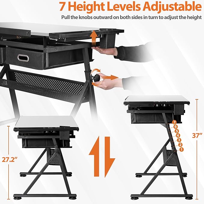 Drafting Table Drawing Desk w/Power Outlet, Art&Craft Work Station Height Adjustable Tilting Tabletop Craft Table Desk w/Stool and 2 Storage Drawers for Home Office, White
