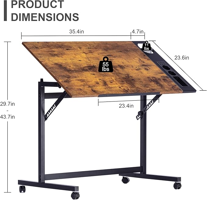 VECELO Vintage Drawing Drafting Table, Adjustable Tilting Top Art Desk Craft Work Station with Pencil Ledge, Lockable Slide Rolling Wheels for Painting Diamond Reading Writing Study, Rustic Brown