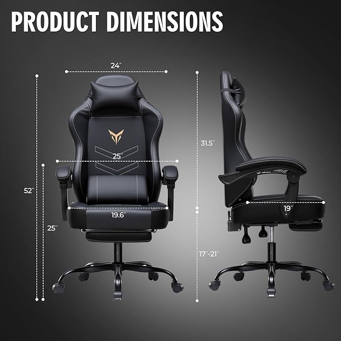 GTPLAYER Gaming Chair, Office Chair High Back Computer Chair with Foot Rest for Adults, Leather Desk Chair Executive Ergonomic Height Adjustable with Headrest and Lumbar Support, 300lbs Black