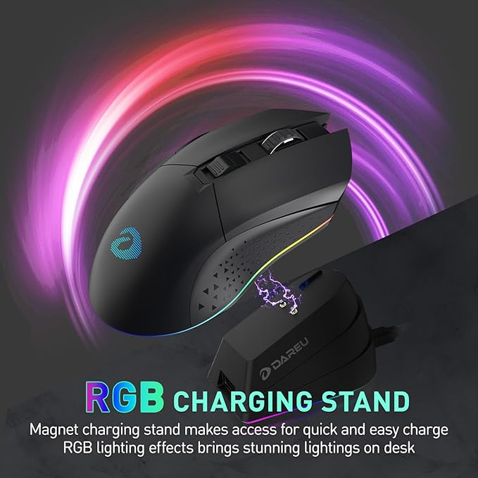 DAREU EM901X Wireless Gaming Mouse with Charging Dock Rechargeable RGB,12K DPI,6 Programmable Buttons High-Precision Sensor [300IPS] [1000Hz] for PC Notebook Mac