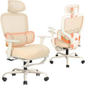 Ergonomic Office Chair with Footrest, Mesh Desk Chair with Adjustable Headrest & Armrests & Dynamic Floating Wing Lumbar Support, High Back Computer Chair for Home Office, BIFMA Certified, Beige