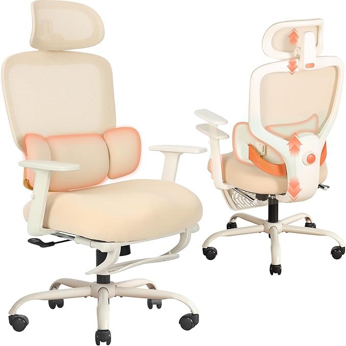 Ergonomic Office Chair with Footrest, Mesh Desk Chair with Adjustable Headrest & Armrests & Dynamic Floating Wing Lumbar Support, High Back Computer Chair for Home Office, BIFMA Certified, Beige