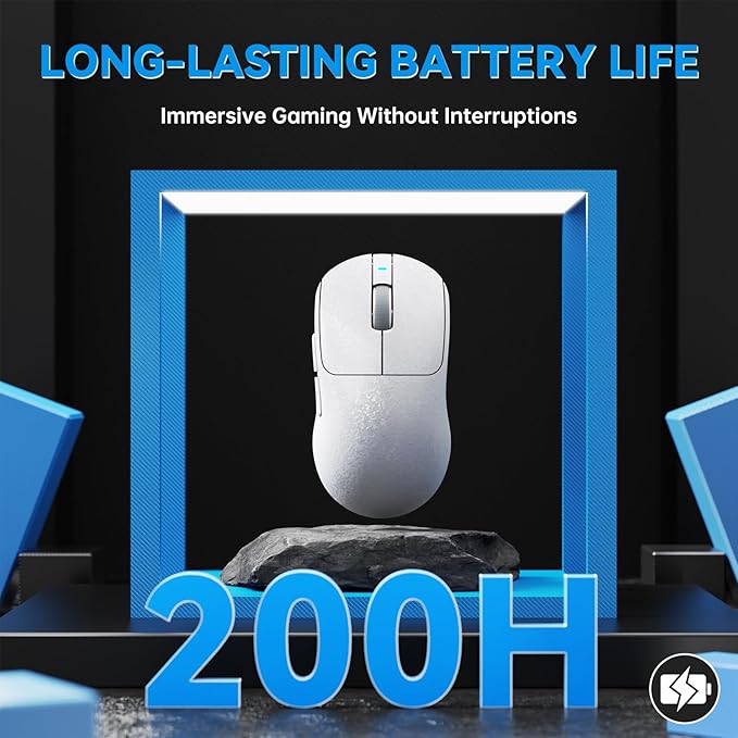 A.JAZZ Ajazz AJ199 Wireless Gaming Mouse Ultra-Lightweight 55g Tri-Mode Connection 24000 DPI PAW3311 Sensor Carbon Fiber Shell 500mAh Battery 1K Polling Rate Durable & Anti-Slip Design White