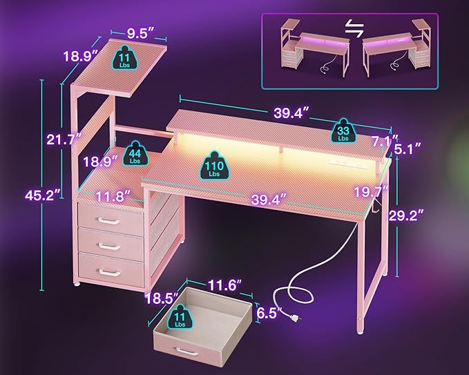 AODK 52 Inch Gaming Desk with USB Charging Ports & LED Light- Reversible Computer Desk with Storage Shelves & Monitor Stand, Modern Gamer Desk Table with Fabric Drawers, Pink