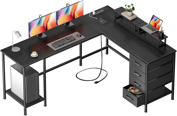 Korfile 66" L Shaped Computer Desk, 94.4'' Home Office Desk with Power Outlets, 4 Adjustable Storage Drawers & 2 Monitor Stands, Large Two Person Gaming Table for Writing Study, Black