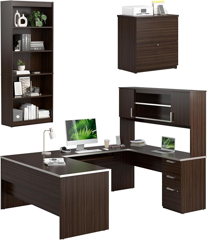 Bestar, Ridgeley Collection, 3-Piece Set Including a U-Shaped Desk with Hutch, a Lateral File Cabinet, and a Bookcase