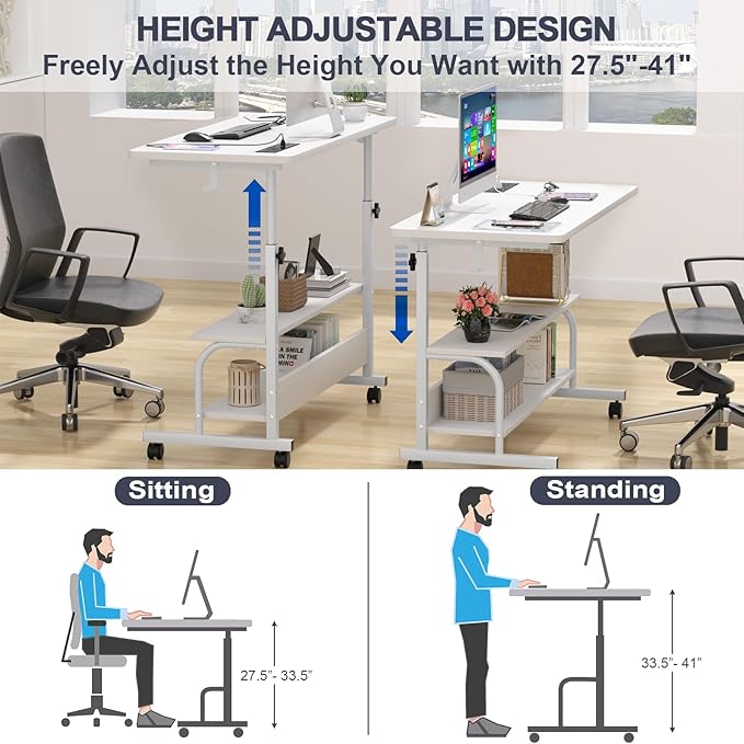 Armocity Rolling Standing Desk with Power Outlets, 39" Manual Height Adjustable Mobile Computer Desk with Wheels, Small Portable Sit Stand Laptop Couch Table for Bed & Sofa Home Office, Whtie
