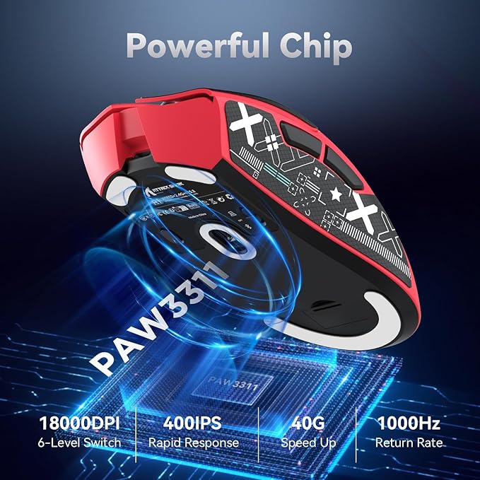 MAMBASNAKE Attack Shark R1 Wireless Gaming Mouse,PAW3311 Optical Sensor 18K DPI,59g Ultralight 2.4Ghz/BT/Wired Computer Mice for Win/Mac-Red&Tape