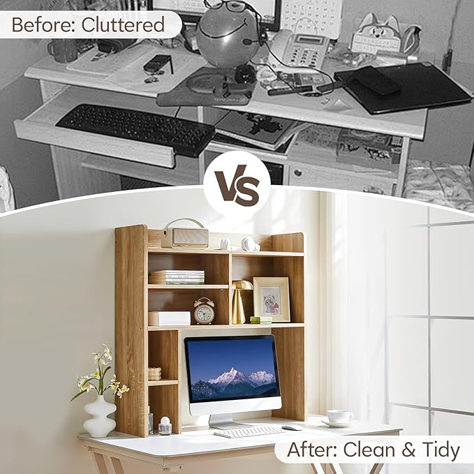 TUKAILAi Desktop Bookshelf Organizer, Countertop Storage Hutch with 7 Shelves for Desk, Dorm Desk Hutch Wood Display Rack for Home Office (Natural)