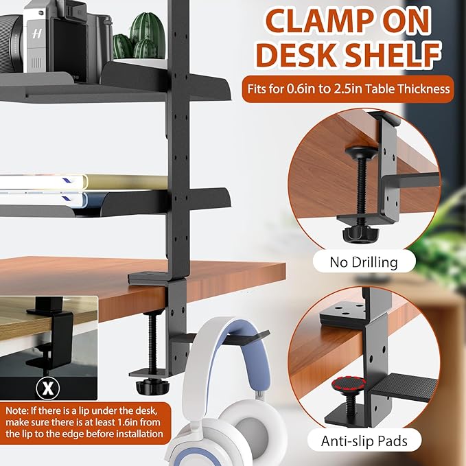 3 Tier Clamp On Desk Shelf with Adjustable Metal Storage Tray & Headphone Stand Over or Under Table Storage No Drilling Desk Extension Shelving Unit Desktop Shelves for 2.5in Max Desk Thick