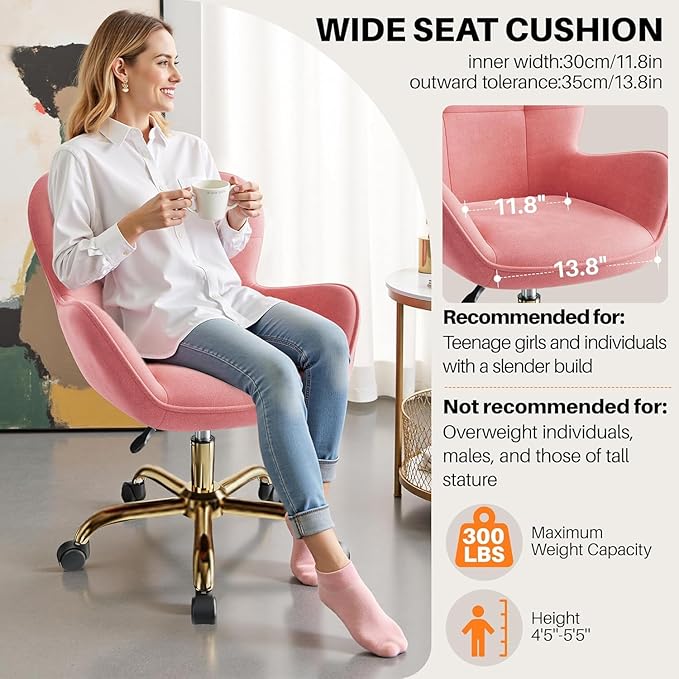 Vanity Chair with Wheels, Cute Home Office Desk Chairs Adjustable Height for Living Bedroom, Small Modern Fluffy Velvet Makeup Chair with Back for Girls (Pink)