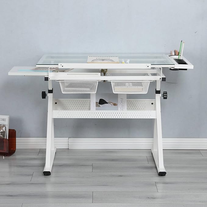 Drafting Table with Stool, Modern Adjustable Tempered Glass Printing Artwork Desk for Art Studio Home Office School