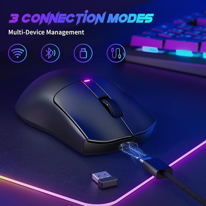 RisoPhy Superlight Wireless Gaming Mouse, 62g Dual Macro-Switches Gaming Mouse, 3-Mode Wireless/USB-C/Bluetooth Mouse with Adjustable 12000DPI, 5 Programmable Buttons Computer Mouse for PC/Mac-Black