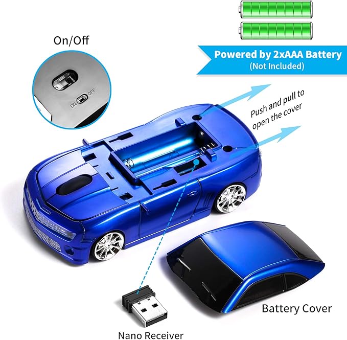 Wireless Car Mouse [Updated] with LED Headlights, 1600 DPI Sports Car Shaped Mouse for Mac, Computers, Blue