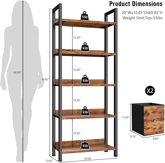 Furologee 5-Tier Bookshelf Set of 2,Tall Bookcase with 2 Drawers and Shelves, Industrial Display Free Standing Shelf Units, Storage Rack Organizer for Bedroom, Living Room, Home Office, Rustic Brown