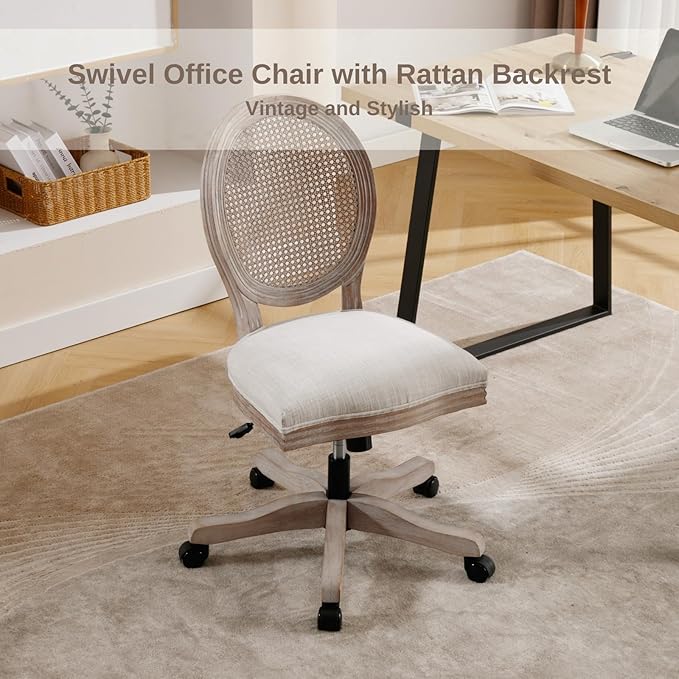 HEAH-YO Home Office Chair, Vintage Linen Fabric Armless Desk Chair with Rattan Backrest and Wheels, Swivel Vanity Chair for Bedroom, Beige