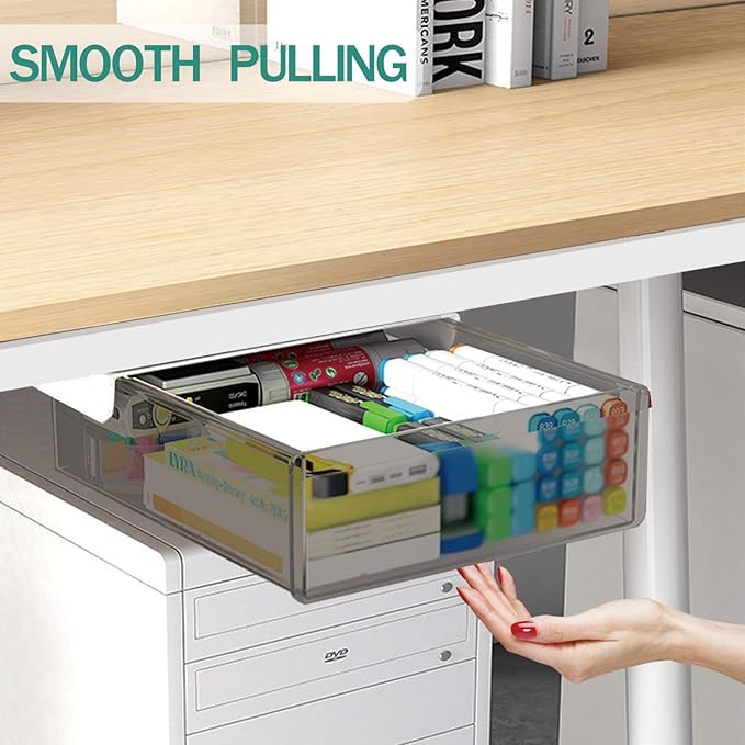 SVNNELP Upgrade Under Table Drawer with Lip, Office Attachable Plastic Desk Accessories & Workspace Organizers, Hidden Under Table Storage Organizer Pencil Tray Drawer Slide Out