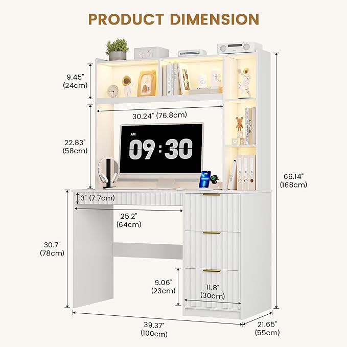Lvifur LED Study Desk - with Hutch & Storage Cabinet,Home Office Desk with Outlet and 3 Color LED and Card-Based Lock,Writing Desk Computer Desks for Studyroom,Ideal for Office Set,White