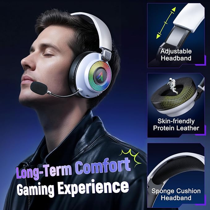 Ultra-Light 3-in-1 Wireless Gaming Headset for PS5 PS4 Xbox, 7.1 Surround Sound, Noise Cancelling Mic, RGB Lights, 40H+ Battery, Lossless Audio, Comfy Over Ear Headphones for PC, Switch, Mac