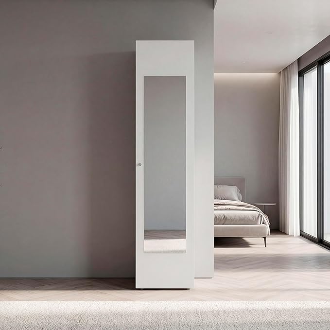 Saily Storage Cabinet with 4 Shelves and Mirror on Door, Modern Design, White Mirror on Door: Includes a full-length mirror, making it convenient for quick outfit checks. Easy Access: Features a si
