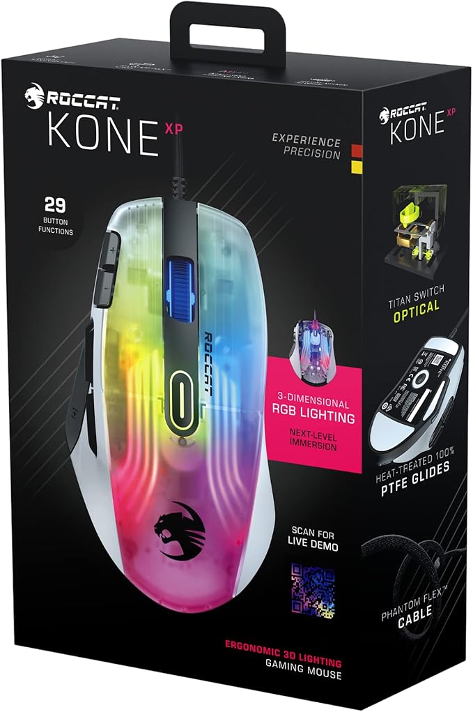 Roccat Kone XP - 3D Lighting Gaming Mouse with 19K DPI Optical Sensor, 4D Krystal Wheel, programmable Button Design & AIMO RGB Lighting, White